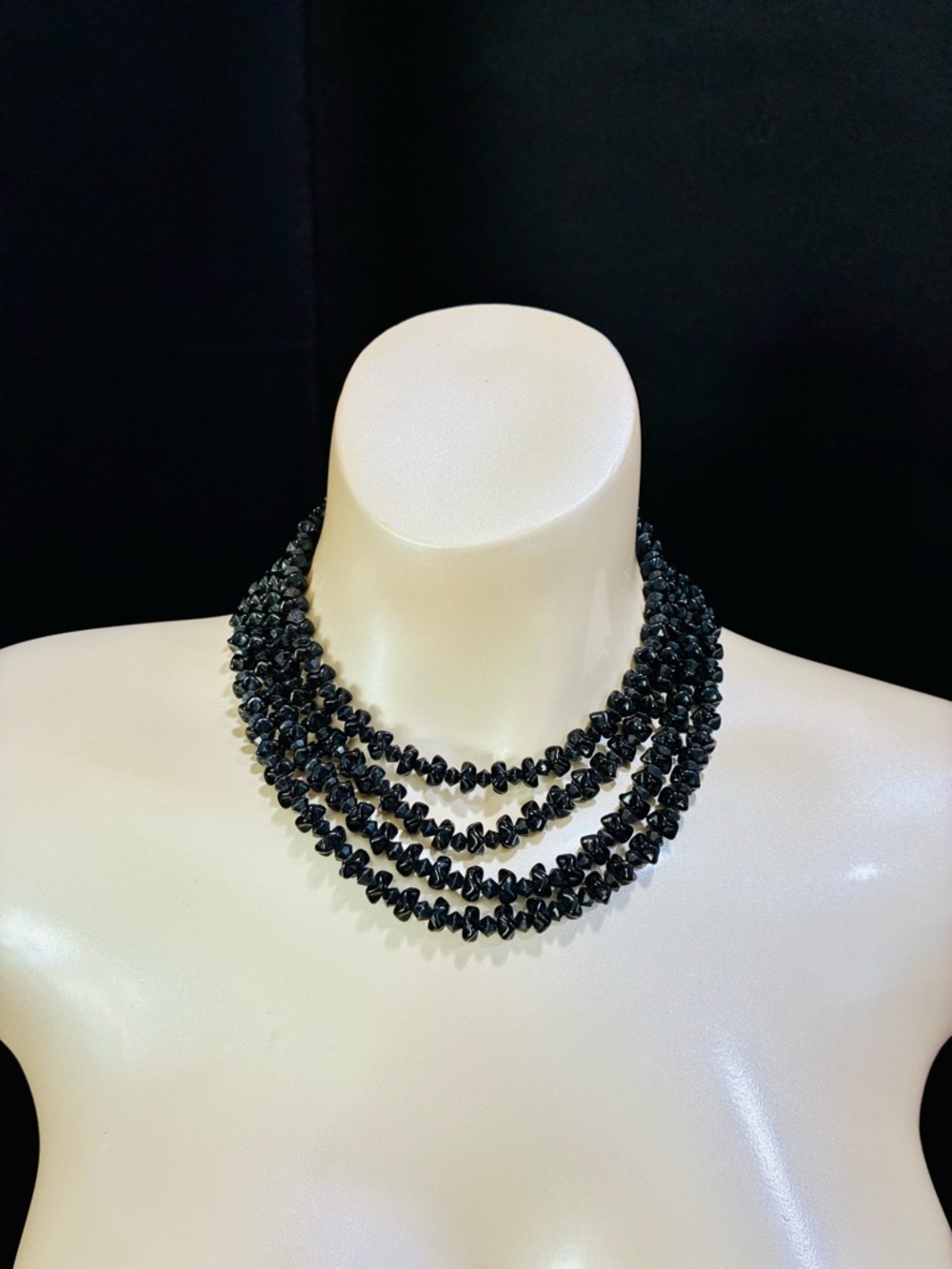 VTG West Germany 4 Layered Black Glass Chip Beaded Statement Necklace